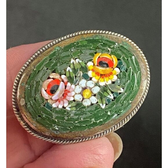 unbranded Jewelry - Dark Green and Silver Micromosaic Oval Broach Vintage